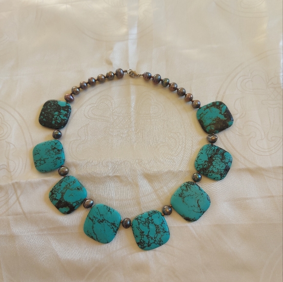 Antique Unique Natural Turquoise & Pearl Necklace 60s 70s - Picture 2 of 3
